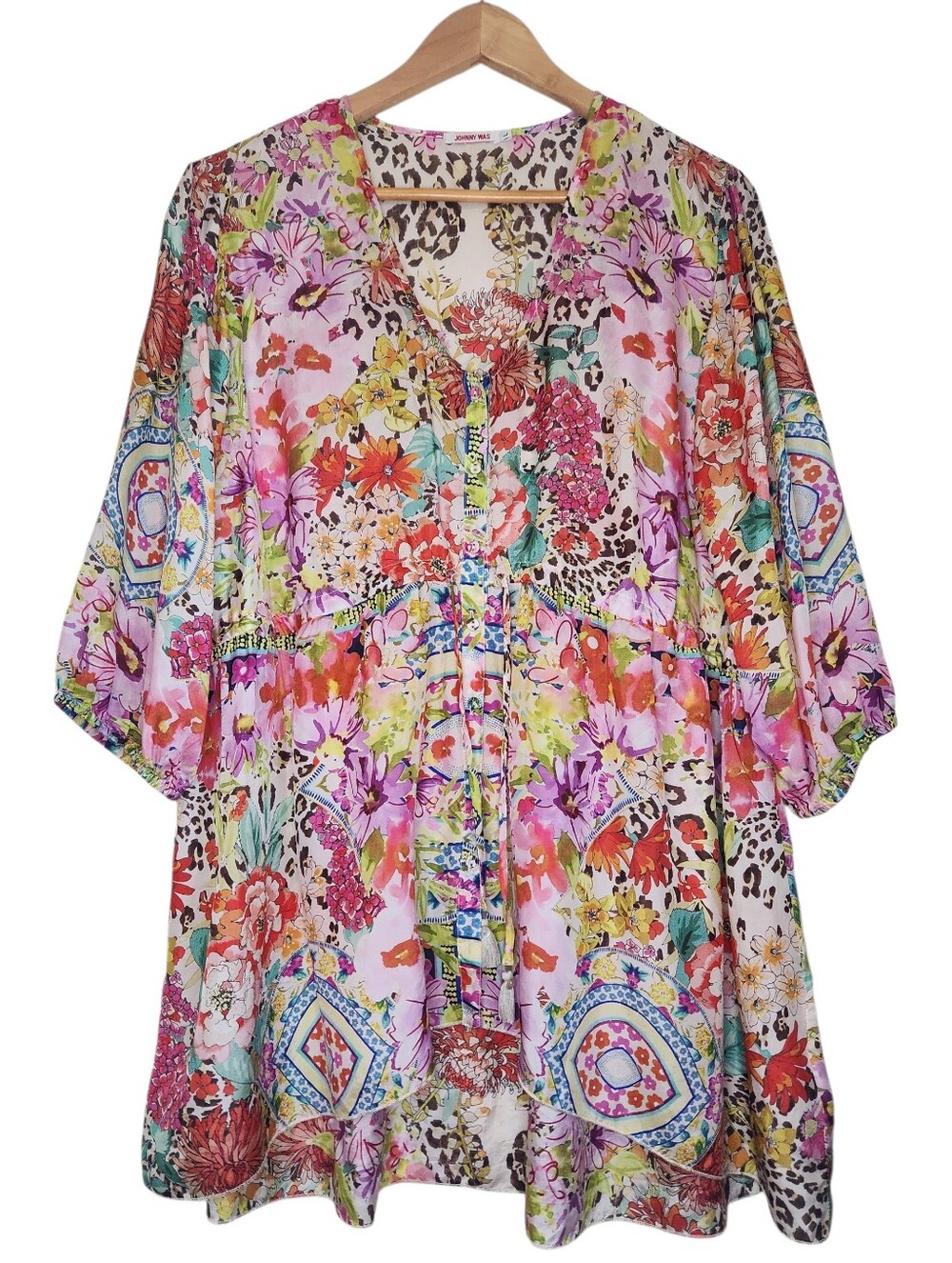 JOHNNY WAS Wild Garden Anora Tunic Top Womens Large Leopard & Floral Print